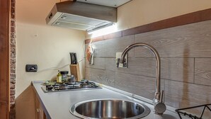 Uma cozinha com pia de aço inoxidável, fogão a gás e painel de madeira.
