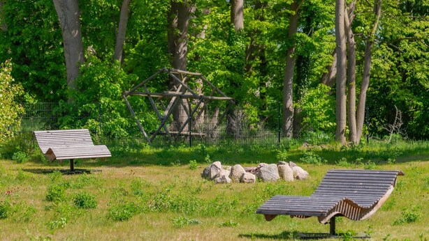 A grassy field with two benches, a wooden structure, and a fence. - Beautiful vacation apartment on Usedom, with terrace and small sunbathing lawn (Zirchow)
