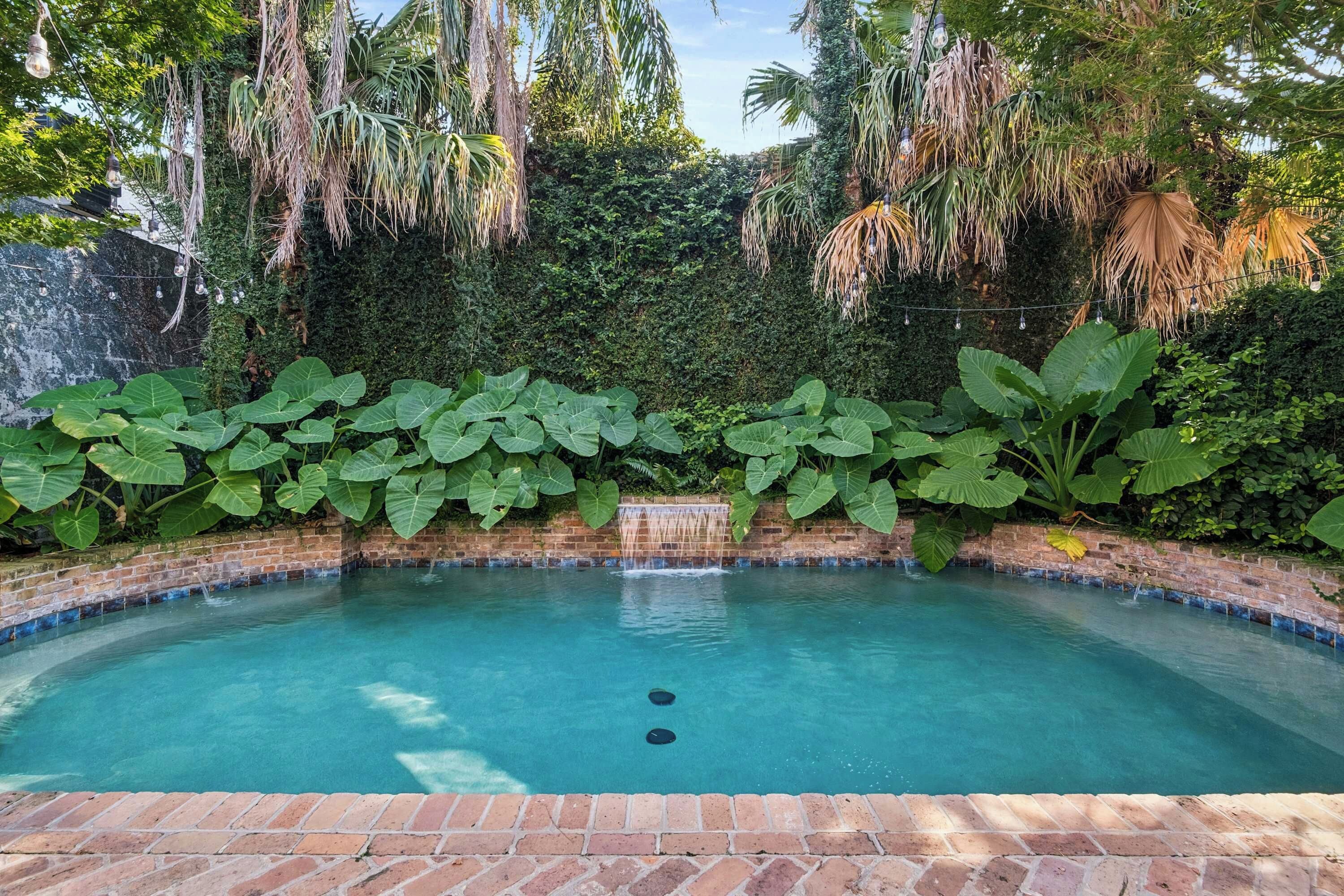 Piscina com borda de tijolos, rodeada por vegetação exuberante e um muro de tijolos.