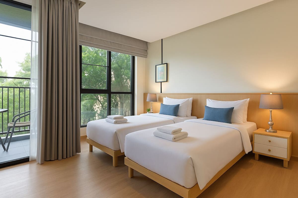 A hotel room with two beds, a balcony, and a view of trees.