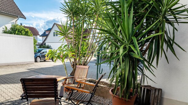 A patio with wooden chairs and a table, surrounded by potted plants and a view of a street.