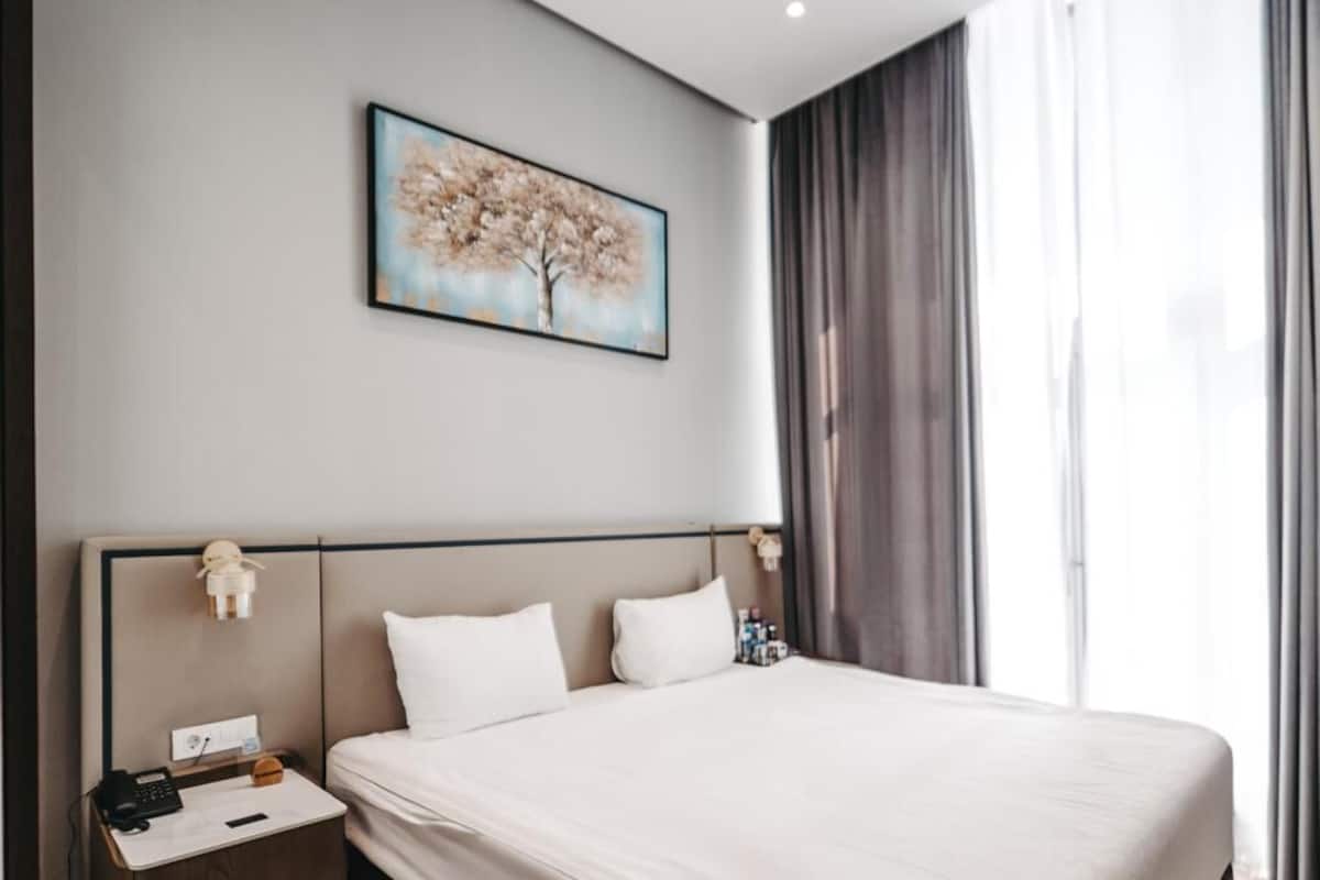 Una habitación de hotel moderna con una cama grande, una mesita de noche con teléfono y lámpara, un cuadro en la pared y vistas al exterior a través de una ventana.