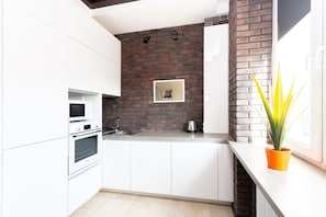 Classic Apartment, City View | Private kitchen | Full-sized fridge, oven, stovetop, electric kettle - Stylish apartments near TSUM (Minsk)