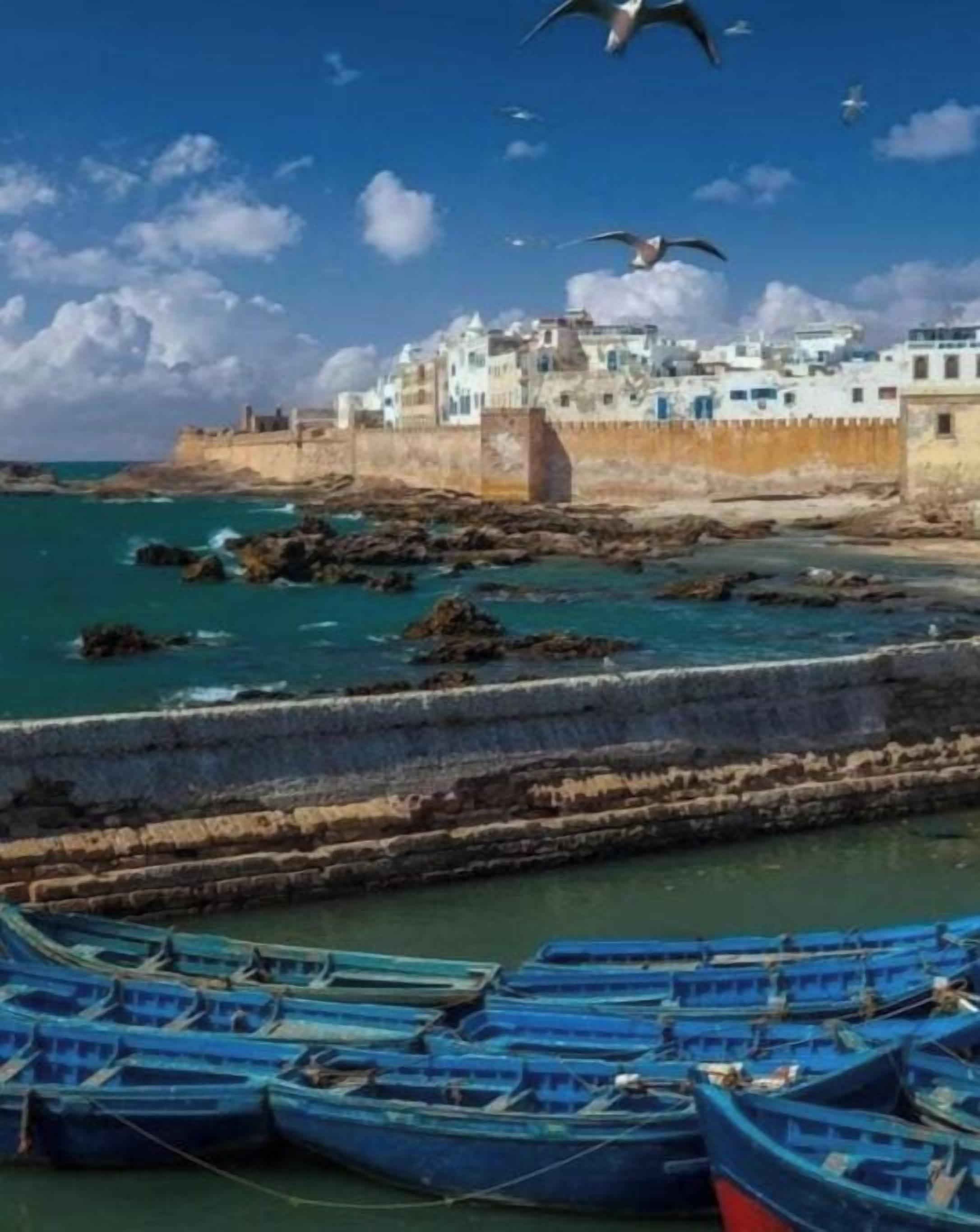 A coastal town with a fortified structure, boats docked in the foreground, and a clear blue sky.
