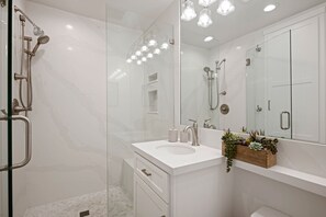 Shower, hair dryer, towels