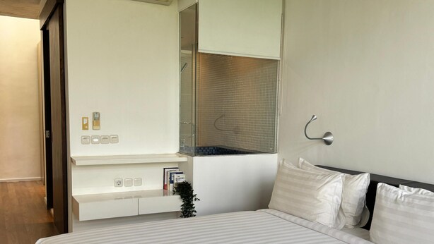 Habitación de hotel con cama, armario empotrado, una planta pequeña y un espejo.