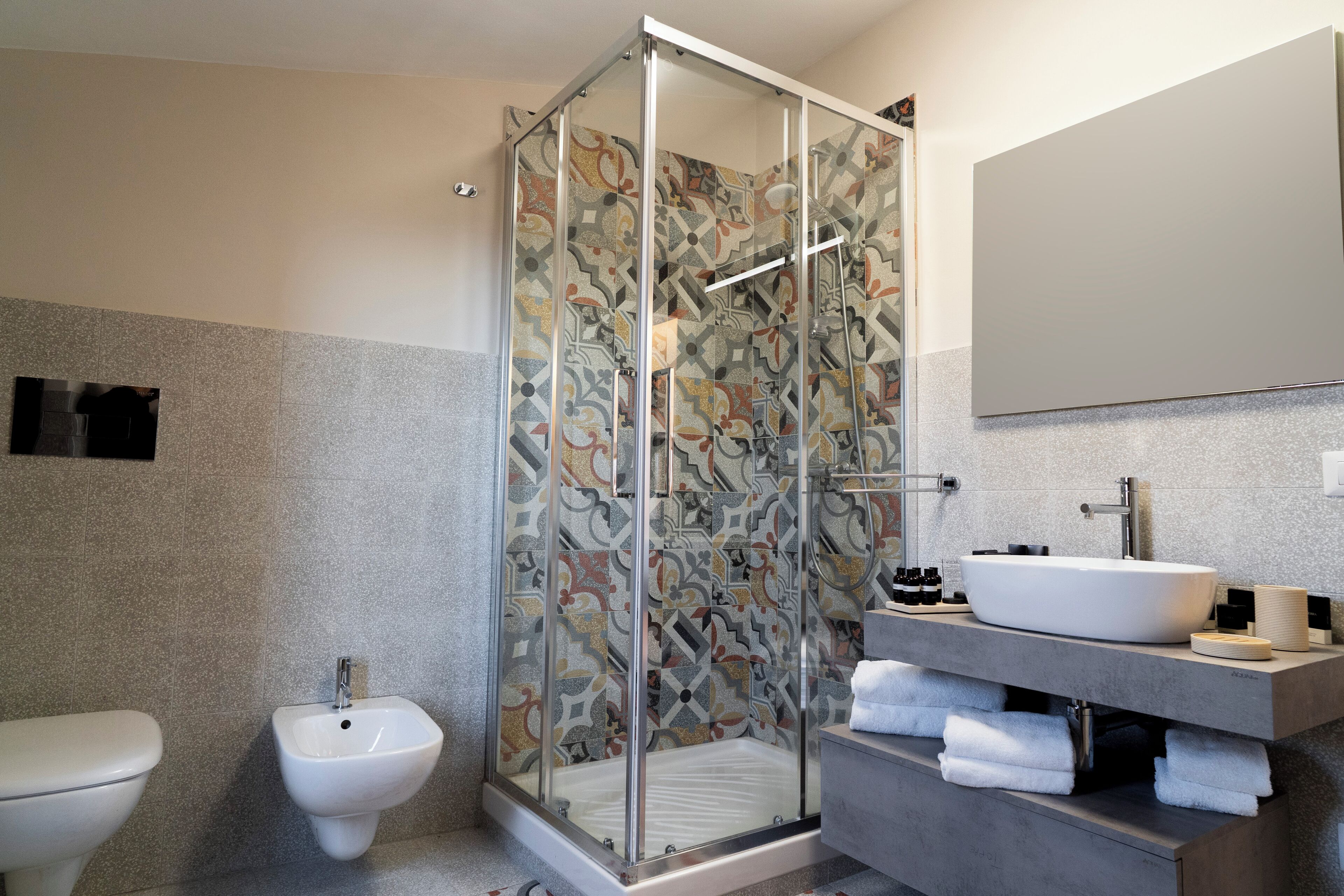 A modern bathroom with a glass-enclosed shower, a bidet, a sink with a vessel basin, and a large mirror.