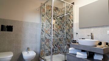 A modern bathroom with a glass-enclosed shower, a bidet, a sink with a vessel basin, and a large mirror.