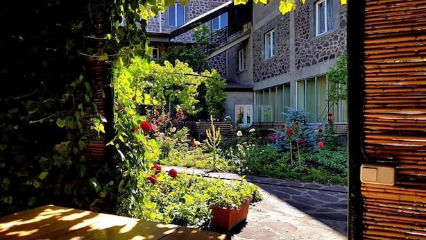 Un patio con una mesa de madera, plantas en macetas y un camino de piedra.