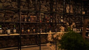Una zona de bar con estantes llenos de botellas, un fondo de pared de piedra y una planta en primer plano.