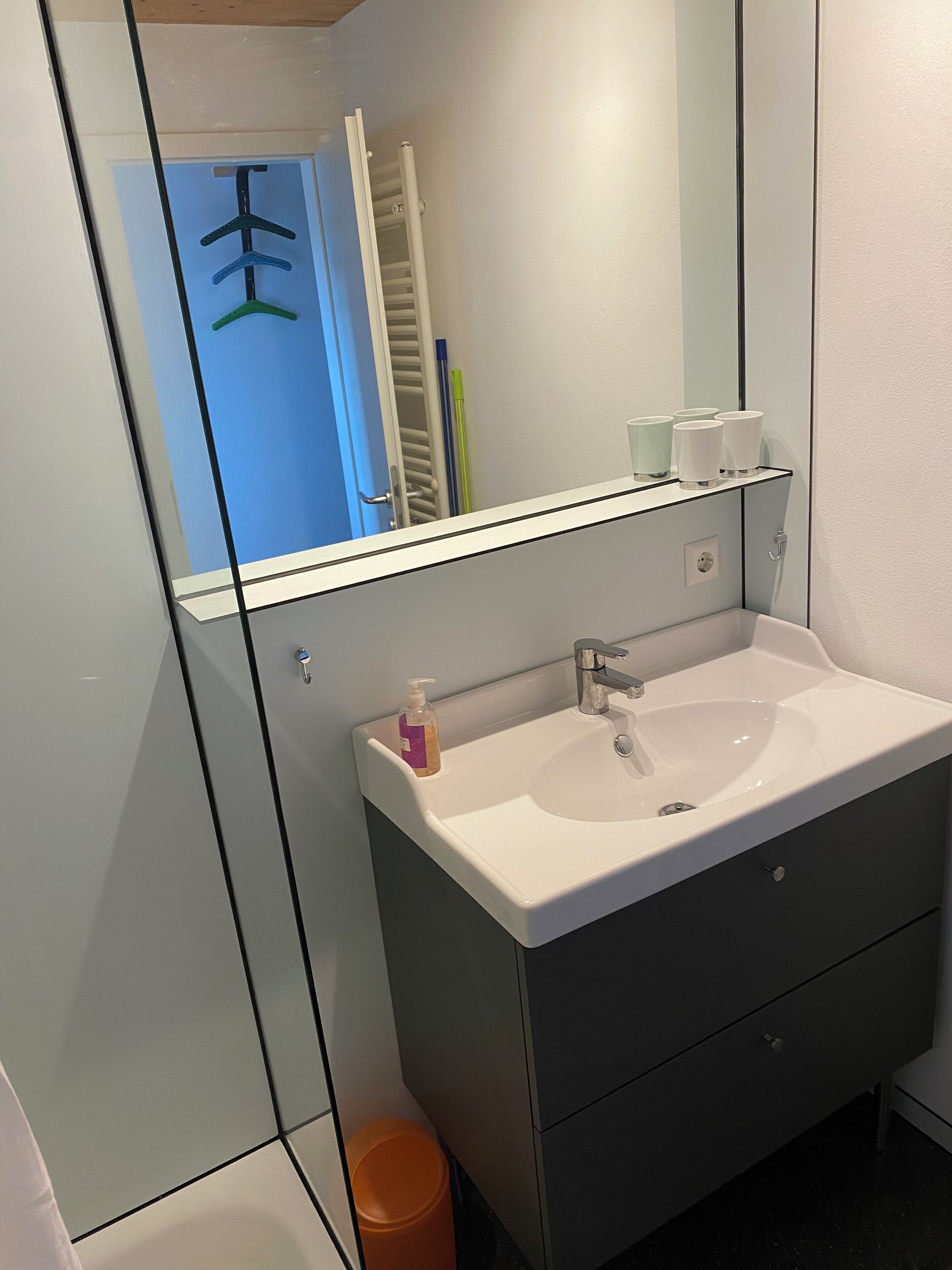 A modern bathroom with a white sink, a mirror, and a glass shower enclosure.