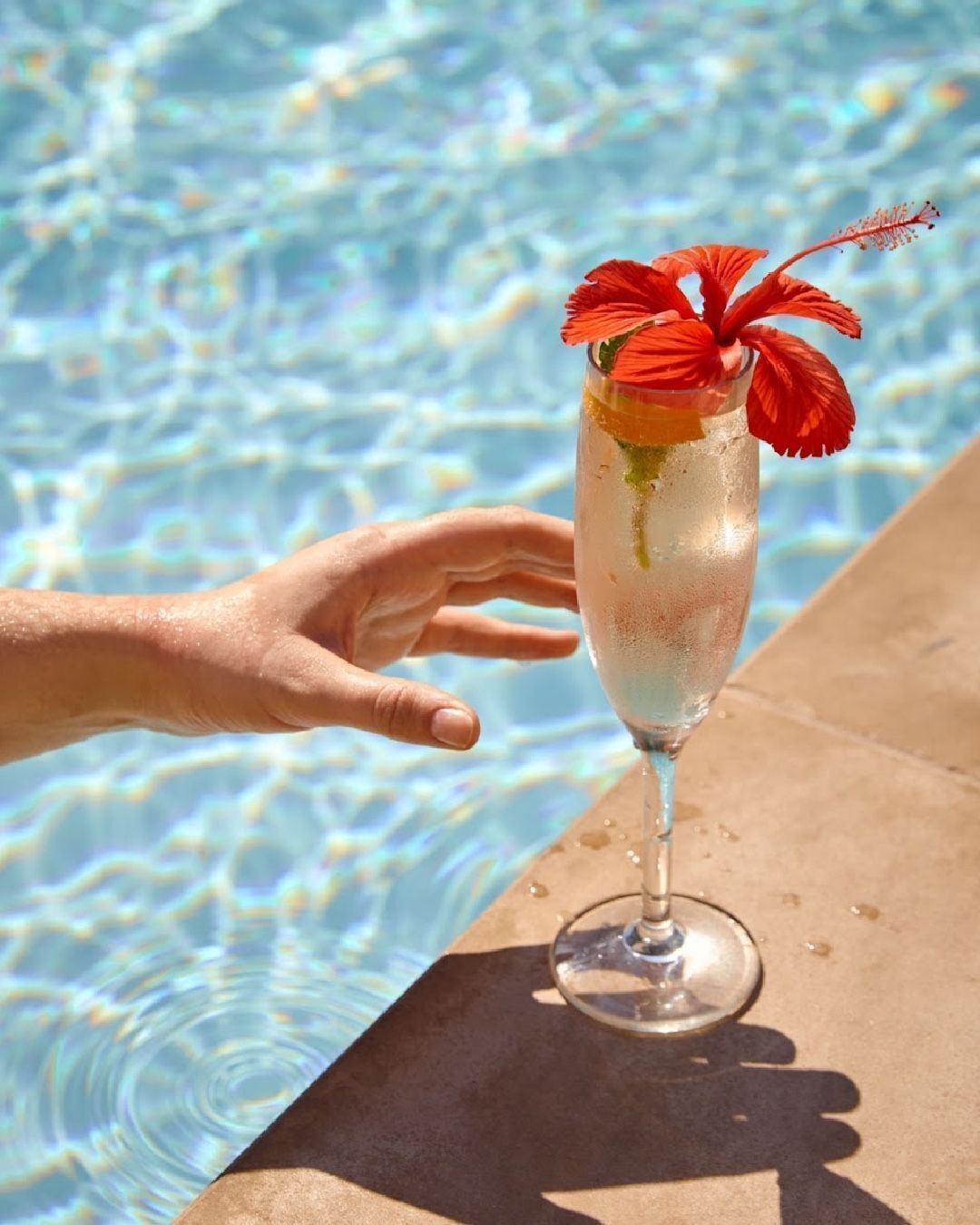 Una mano sosteniendo una copa de cóctel decorada con una flor roja junto a una piscina.