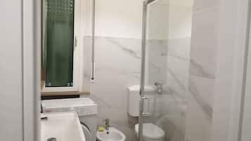 Shower, hair dryer, bidet, towels