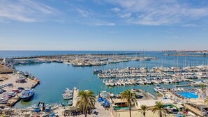 A marina with numerous boats docked, a clear sky, and a distant cityscape.