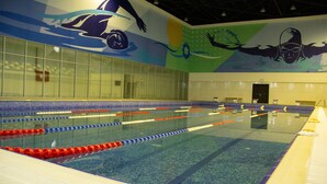 Una piscina con separadores de carril y un mural en la pared.