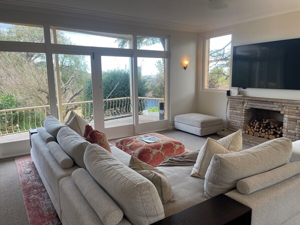 スマートテレビ、暖炉、テレビゲーム、書庫