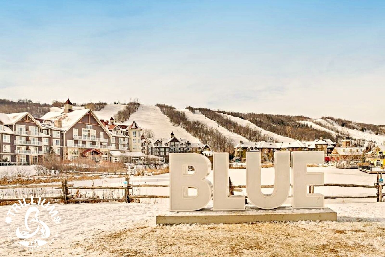 A resort with multiple buildings, a ski slope, and a large 'BLUE' sign in the foreground.