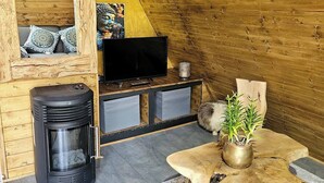 Een knus interieur van een houten chalet met een open haard, een televisie, een bank met decoratieve kussens en een kleine tafel met een plant.