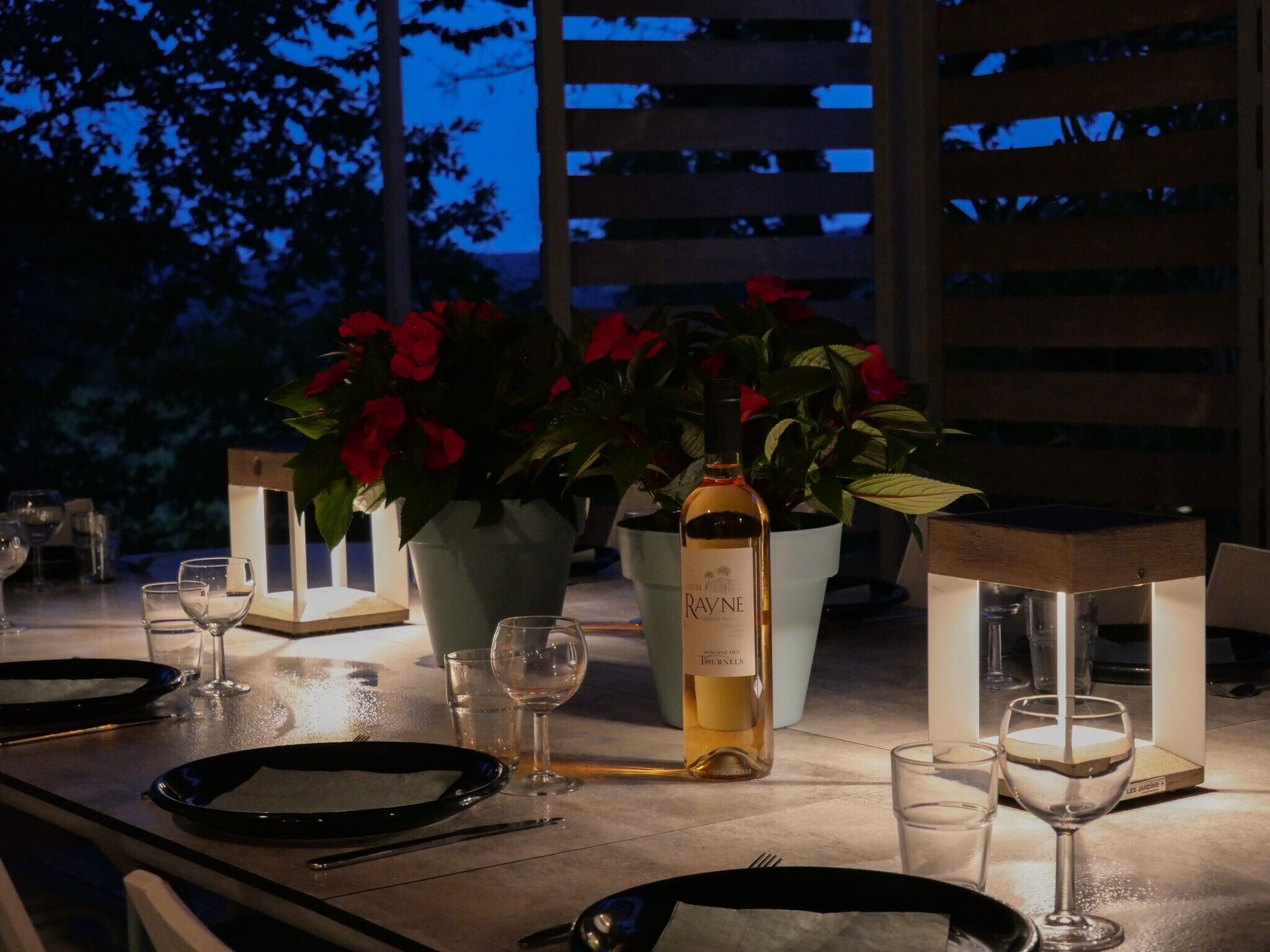 Une table à manger extérieure, avec des verres à vin, une bouteille de vin et des plantes en pot.