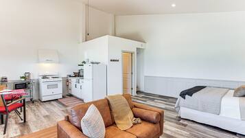A compact living space with a kitchenette, a sofa, and a bed.