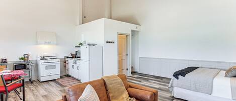 A compact living space with a kitchenette, a sofa, and a bed.
