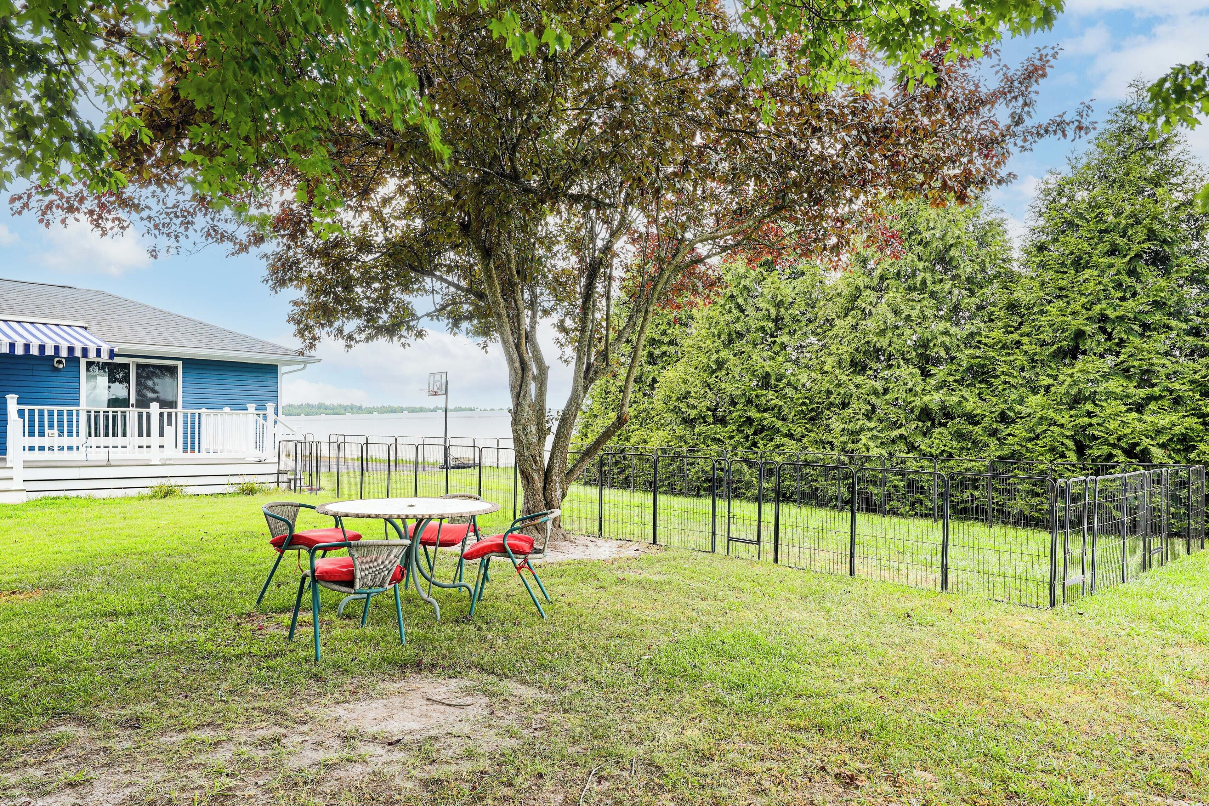 A grassy area with a table and chairs, a fenced garden, and a building with a blue exterior.