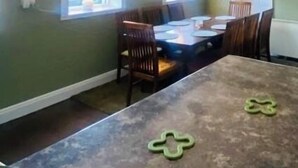 Un espace repas avec une longue table, de nombreuses chaises et des luminaires suspendus.