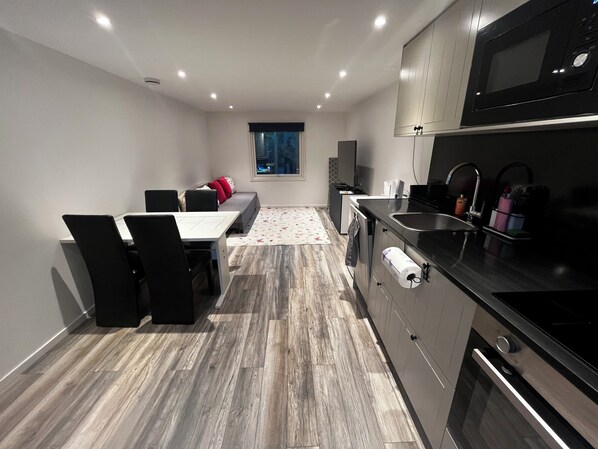 Een microgolfoven, een oven, een kookplaat, een vaatwasser