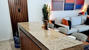 A kitchen with a granite countertop, wooden cabinets, a sink, and a potted plant.