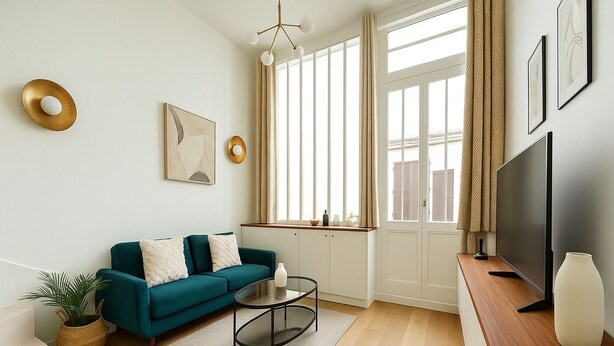 A modern living room with a teal sofa, a coffee table, a TV, and a large window with curtains. - Studio moderne a Opera (Paris)