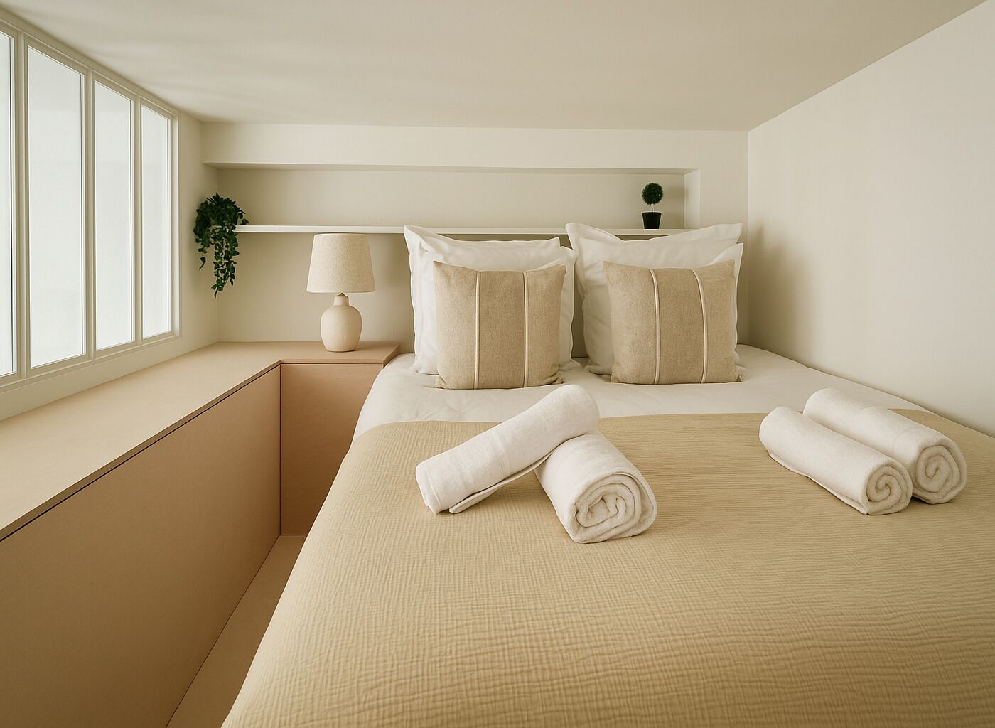 A hotel room with a large bed, two pillows, a bedside lamp, a small plant, and a window with blinds.
