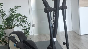 Una bicicleta estática con un panel de control, una esterilla y una planta en maceta al fondo.