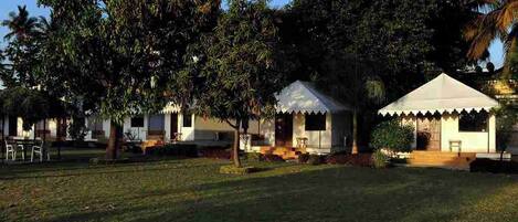 A bungalow-style hotel with a white exterior, surrounded by lush greenery and palm trees.