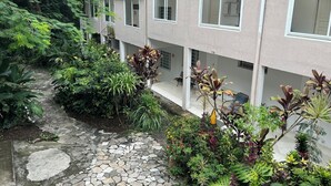 Un edificio con un camino de piedra que conduce a una entrada con portón, rodeado de abundante vegetación y diversas plantas.
