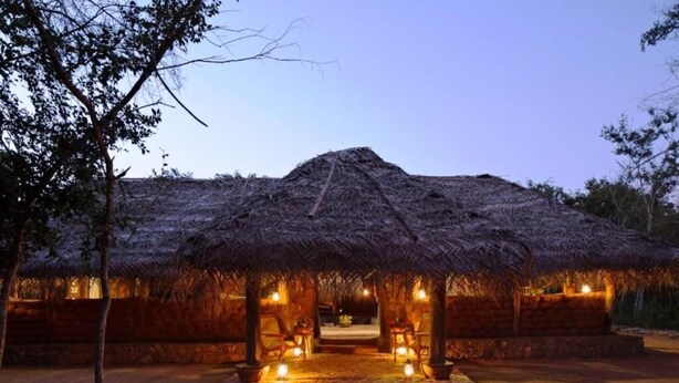 A thatched-roof structure with a central open area, possibly a dining or gathering space, surrounded by low walls and trees. - Greenwood Udawalawa safari resort (Udawalawa)