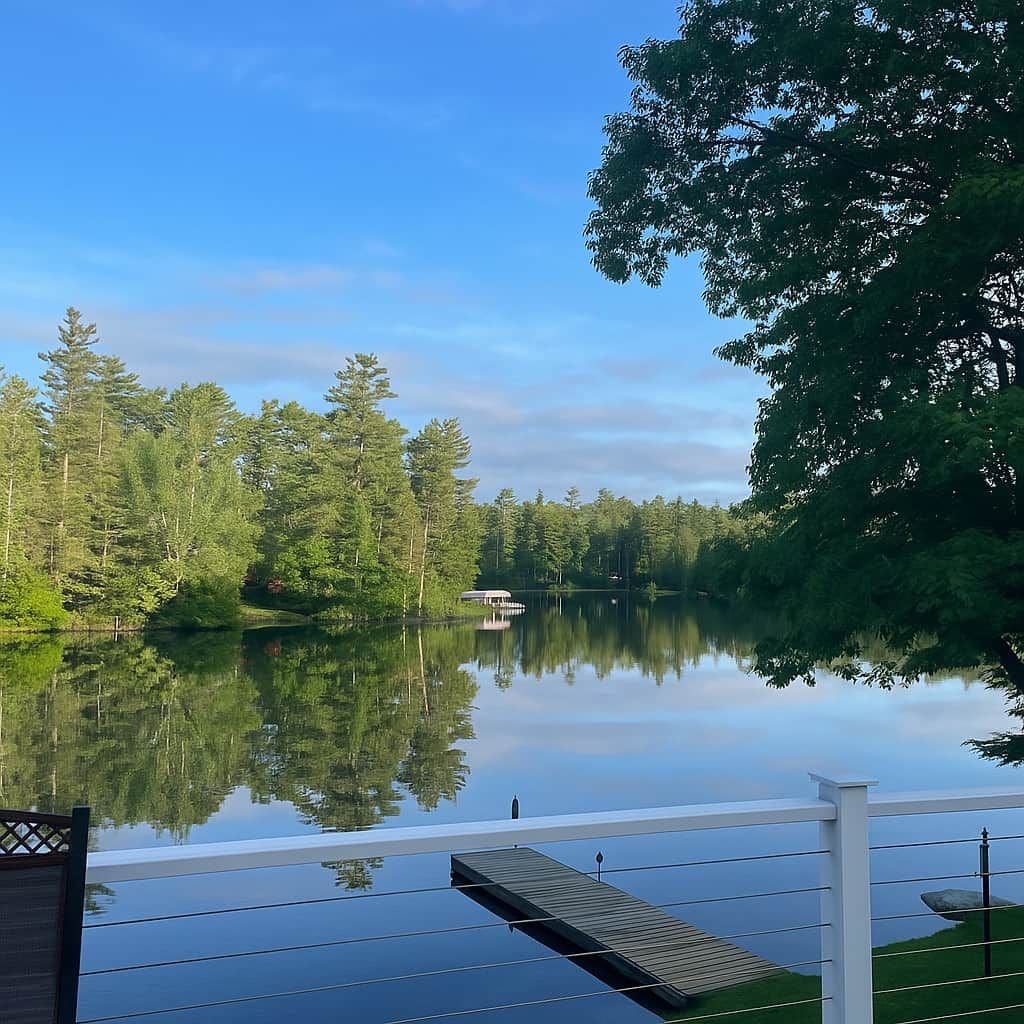 Une vue paisible sur un lac, avec une jetée s’avançant dans l’eau, le tout entouré d’une forêt dense et sous un ciel dégagé.