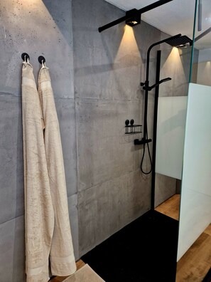 Shower, hair dryer, towels, soap