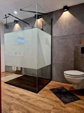 Douche, sĂšche-cheveux, serviettes fournies, savon