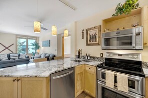 Microwave, stovetop, dishwasher, coffee/tea maker