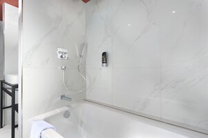 Hair dryer, towels, soap, shampoo