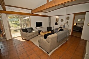 TV connectée, cheminée, livres