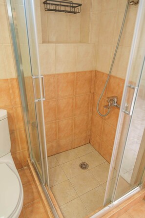 Une douche avec des portes en verre, des toilettes et un sol carrelé.
