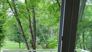 A balcony with a view of a green park, a clothes drying rack, and a concrete wall with flower tiles.