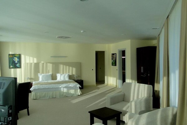 A hotel room with a bed, a TV, a desk, and a sofa.