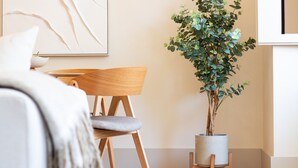 Una habitación moderna con una silla de madera, un cojín gris, una pared blanca con arte abstracto y una planta en maceta.