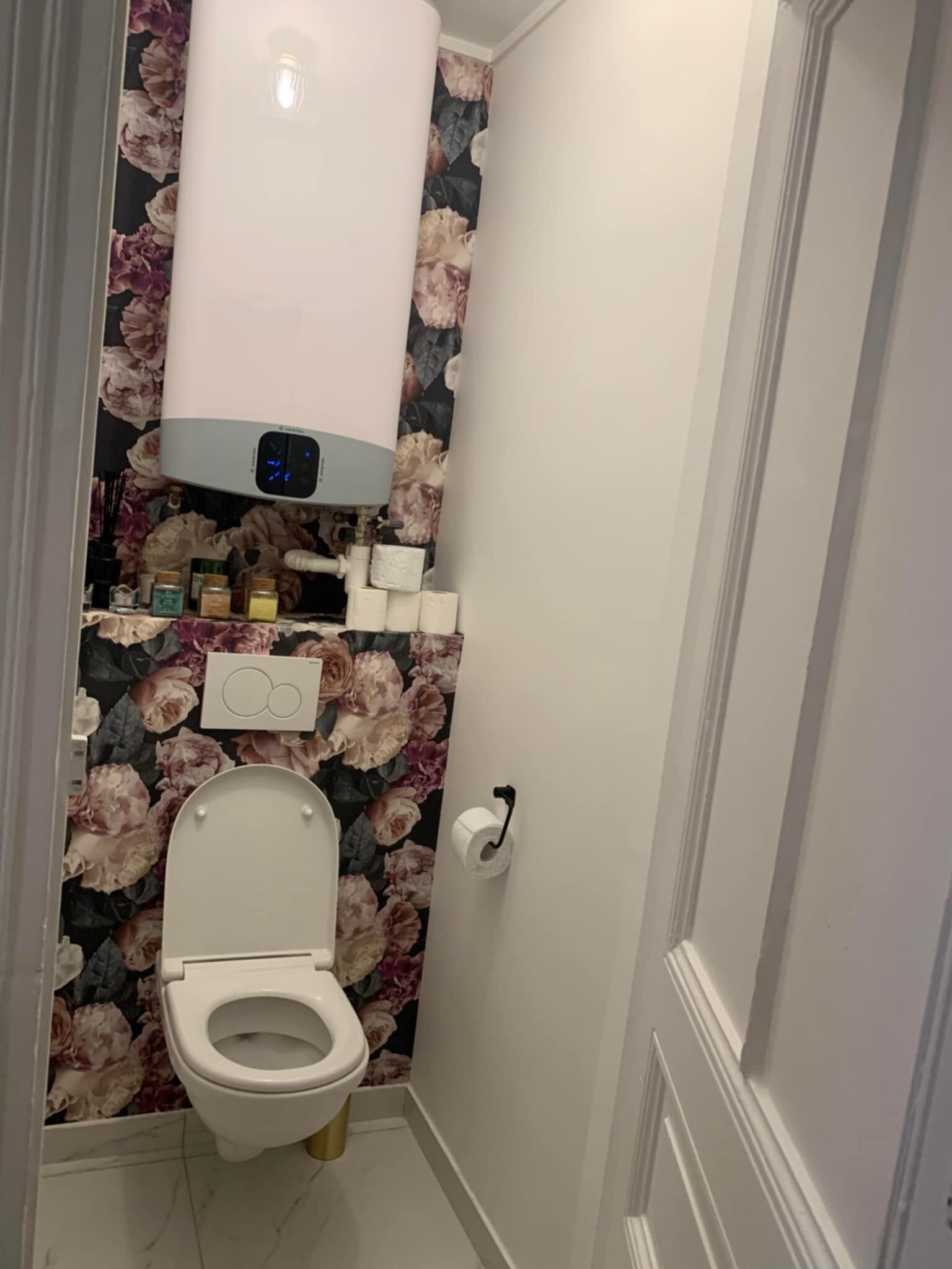 Un bagno con un water, un porta carta igienica e un soffione doccia.