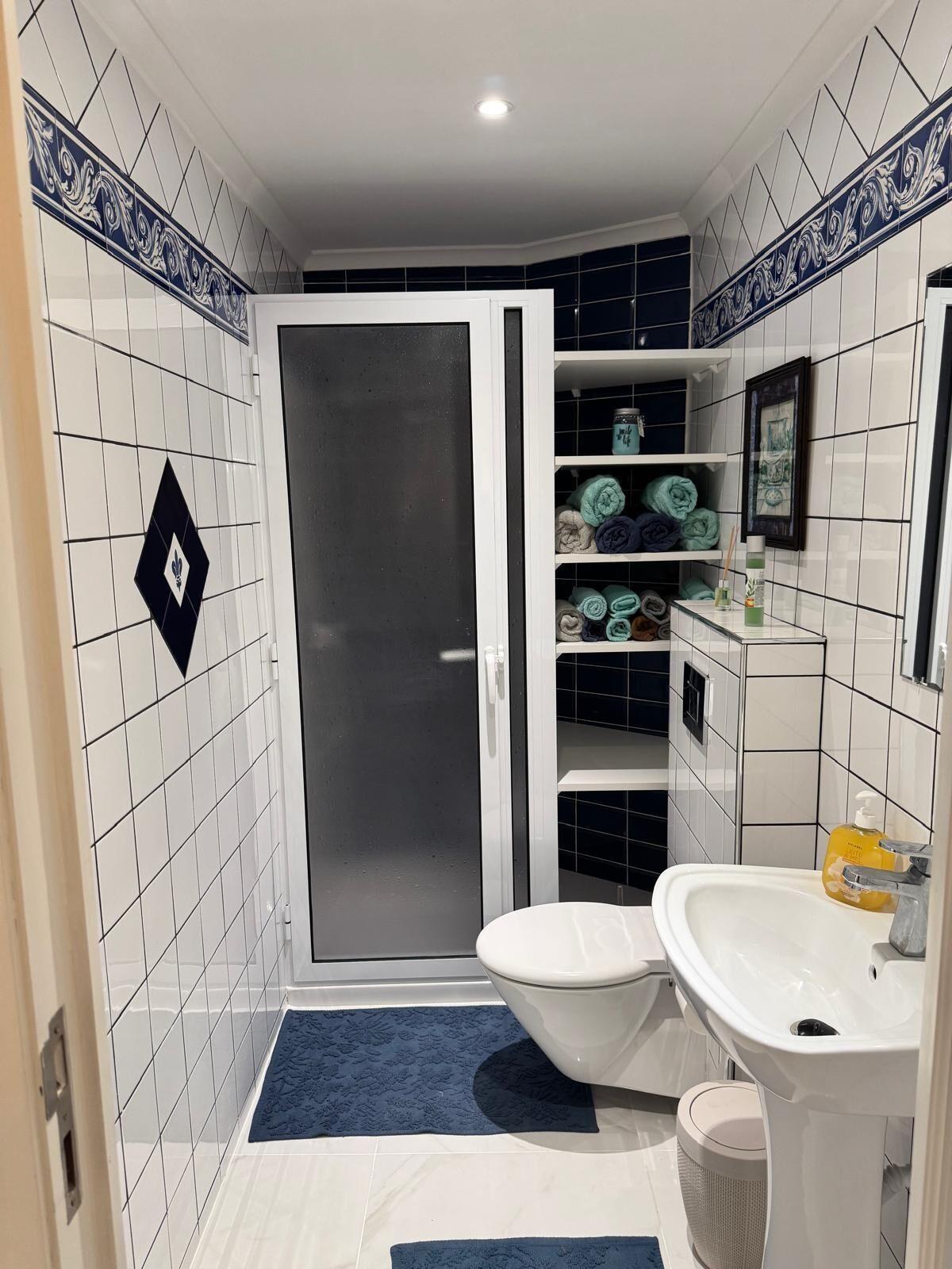 Douche, sèche-cheveux, serviettes fournies, savon