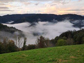 Un paysage comprenant un lac, des collines boisées et des éoliennes.