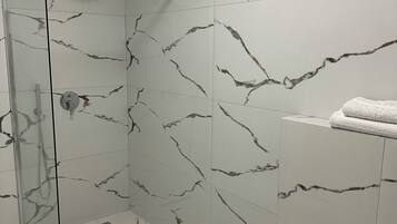 Shower, hair dryer, bidet, towels