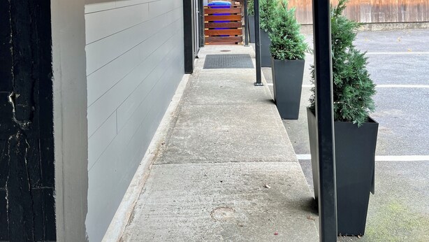 A covered outdoor area with a concrete walkway, wooden beams, and potted plants.